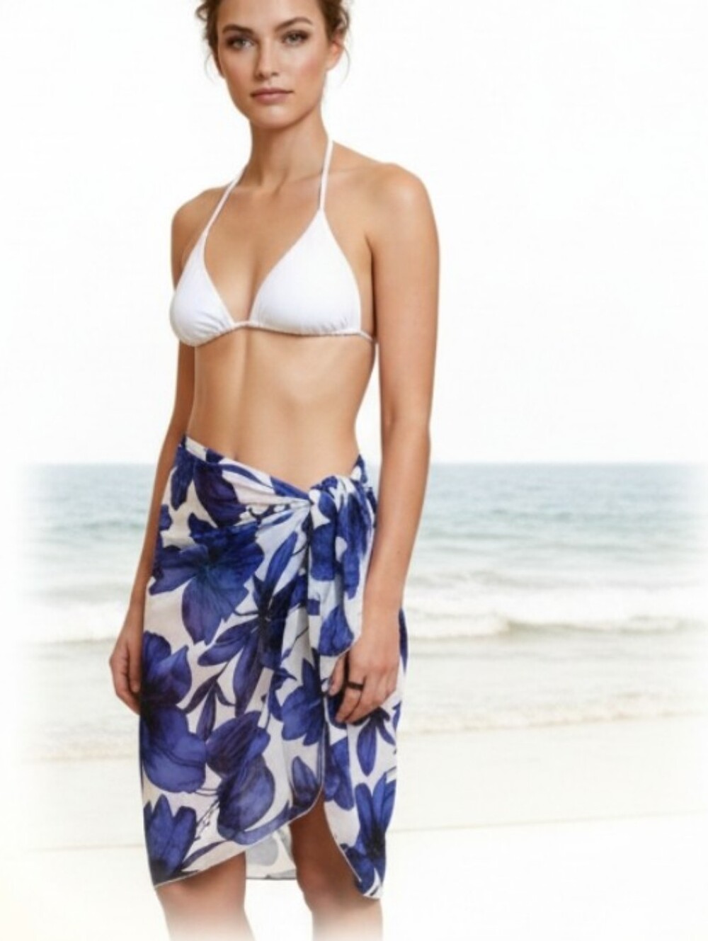 NWT LA BLANCA Blue & White Semi Sheer Floral Print Sarong Pareo Swimsuit Coverup